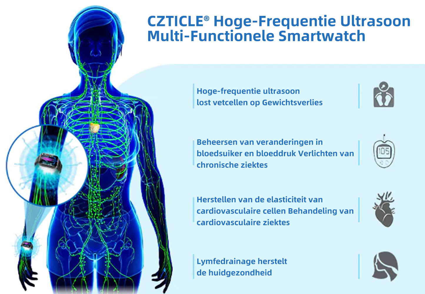 CZTICLE® Hoogfrequent Ultrasound Multifunctioneel Smartwatch🔥🔥💃(Speciaal ontworpen voor vetverbranding, bloedsuikerbalans, lymfedetox, oedeemreductie en zenuwontspanning)